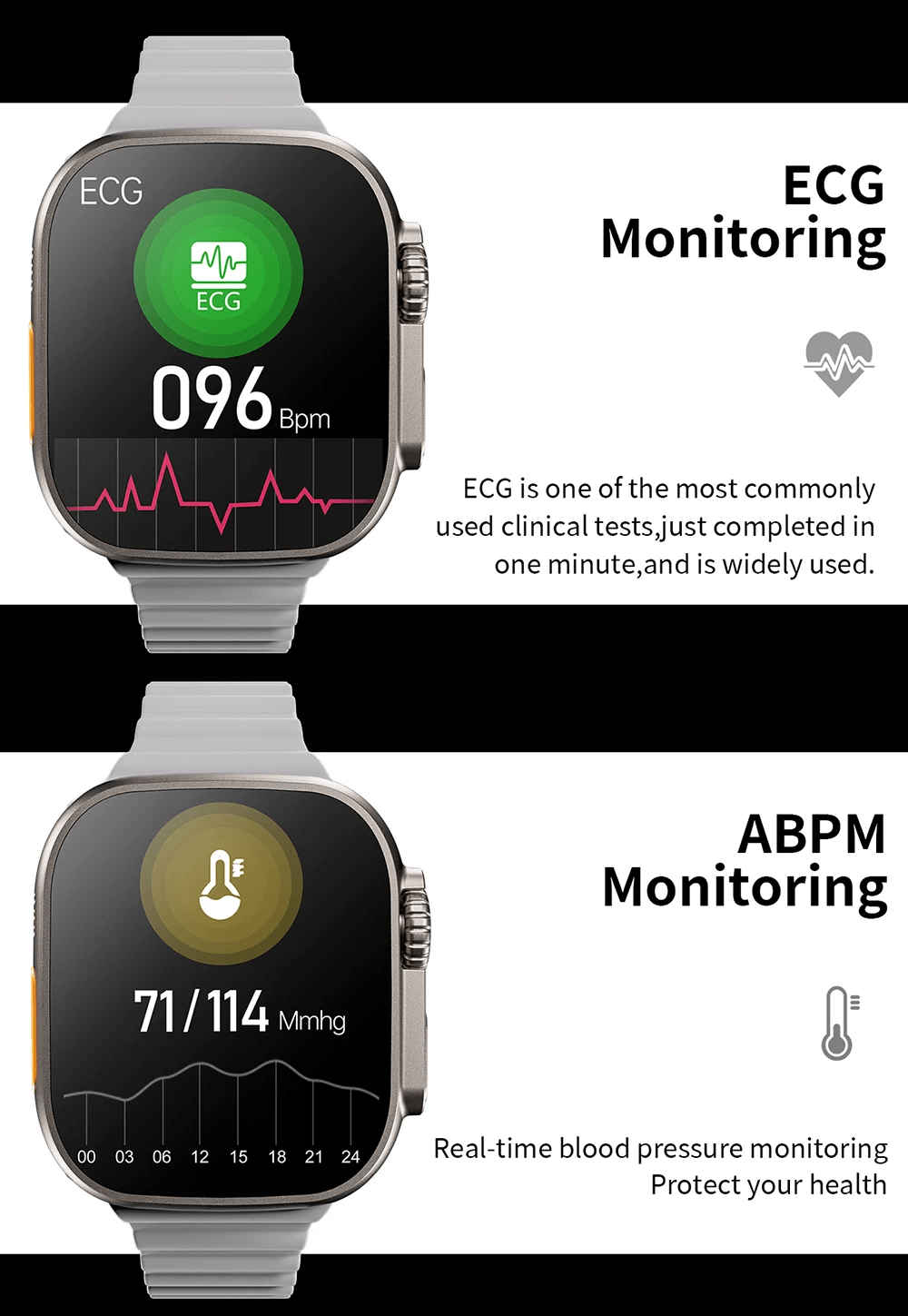 ECG and ABPN monotoring smart watch t800 ultra 